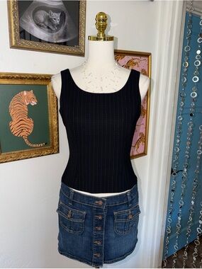 Vintage Y2K Black Pinstripe Square-Neck Tank Top